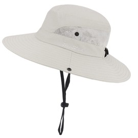 Womens Summer Sun-Hat Outdoor UV Protection Fishing Hat Wide Brim Foldable-Beach-Bucket-Hat with Ponytail-Hole Beige
