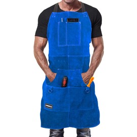 DIMWELD Leather Welding Apron for Men Flame Retardant Thermal Workshop Welding Apron Adjustable Protective Clothing with 6 Tool Pockets, blue