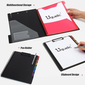 Uquelic Clipboard Folder A4 with Storage, 6 Double-Sided Half Pockets Project Organizer with Zipper Pouch, Plastic Clipboard Folio for Office, School