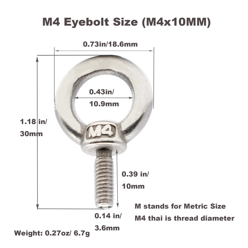 Floyutin Stainless M4 Eyebolt 0.39"(10mm) Long Male Ring Threaded Screw