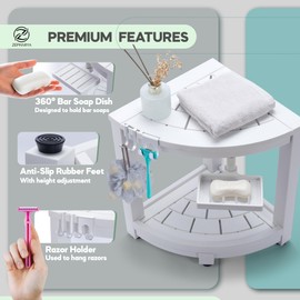 ZEPHARYA Corner Shower Stool for Inside Shower, HDPS Waterproof Shower Bench Seat, Small Plastic Bathroom Footrest for Shaving Legs with 360° Soap Dish, Razor Holder, Adjustable Anti-Slip Feet, White