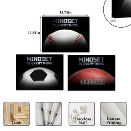 xiysien Soccer Baseball American Football Wall Art Inspirational Quotes Sports Themed Framed Prints Artwork for Office Home Wall Decor 12''x16''x3PCS