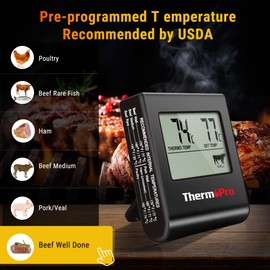TempPro TP16H Large LCD Digital Meat Thermometer for Cooking, Smoking, Grilling, BBQ Food Thermometer with Clock Timer and Stainless Steel Probe, Black (Previously ThermoPro)