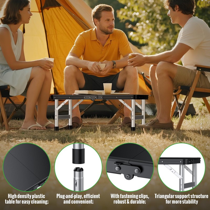 GARLLEN Camping Table with Waterproof High-Density Plastic Tabletop, 3 Adjustable