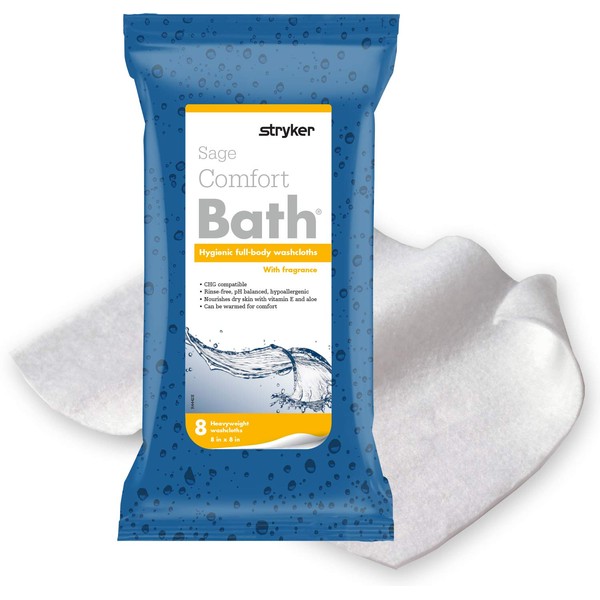 Stryker - Sage Comfort Bath Cleansing Washcloths - 1 Package, 8 cloths - Fresh Scent, No-Rinse Bathing Wipes, Ultra-soft and Thick Heavyweight Cloth, Hypoallergenic