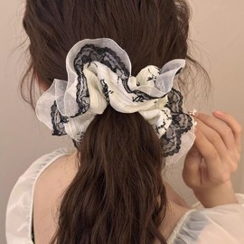 TUCEWP Scrunchies for Women's Hair 2Pcs White Black Organza Lace Scrunchies for Long Thick Curly Hair Ultra Soft Hair Bands Large Elegant Scrunchies Cute Ponytail Holders No Damage Elastic Hair Ties