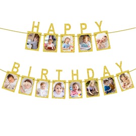 Happy Birthday Photo Banner, Glitter Kraft Card Paper Photo Banner Album Photo Birthday Bunting Happy Birthday Bunting for Kids and Adults Birthday Party Decoration (Gold)