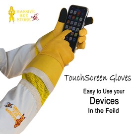 Massive Bee Cowhide Beekeeping Ventilated Cowhide Leather Gloves Yellow Rubber Cuff Then Yellow Mesh with Off white jeans (Medium, TouchScreen Gloves)