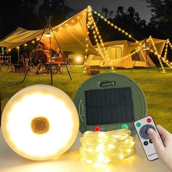 LUCKFEN Camping Lichterkette Aufrollbar Solar mit 8 Beleuchtungsmoden, Fernsteuerung, Timer-Funktion,Camping