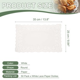 YELARXI Paper Doilies, 13.8 Inch White Lace Doilies Rectangle Disposable Decorative Placemats Hollow Flower for Desserts Food Crafts Parties Birthday Tableware Decoration (50 Pack, White)