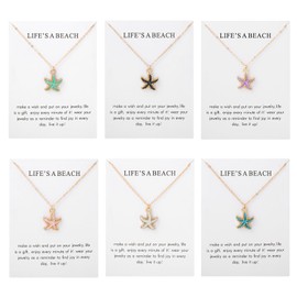 6Pcs Gold Beach Starfish Necklace Set for Women Cute Beachy Hawaii Star Fish Bulk Necklaces Pack Trendy Hawaiian Friendship Matching Jewelry Accessories (Starfish-White-Card)