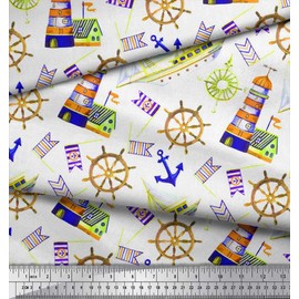 Soimoi Orange Cotton Voile Fabric Ship,Wheel & Anchor Hook Nautical Printed Fabric 1 metre 42 Inch Wide