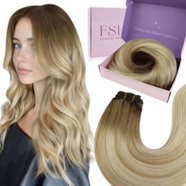 Fshine Weft Extensions Real Hair Ombre 40 cm 100 g Soft Remy Real Hair Extensions No Tangle Hair Extensions Real Hair Wefts in Colour 6 27 60