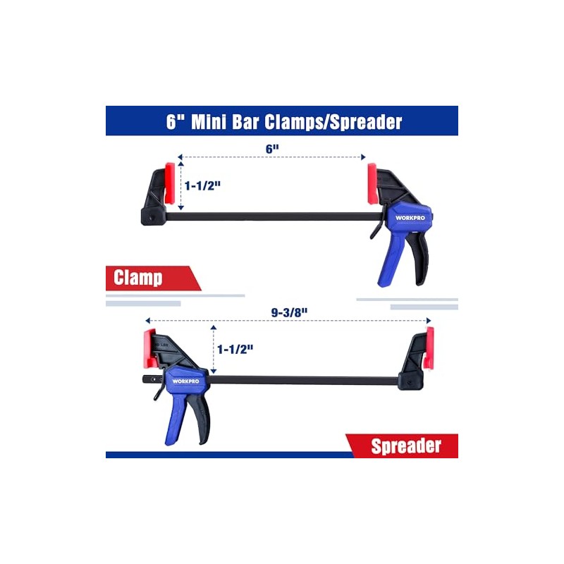 WORKPRO 6" Mini Bar Clamps for Woodworking, One-Handed Clamp/Spreader, Light-Duty