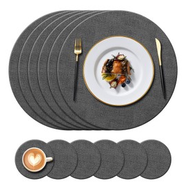 KERYCHIN Round Leather Placemats and Coasters Set, Heat-Resistant 212°F, Non-Slip and Waterproof, Decoration Accessories for Kitchen, Home, Restaurant, Outdoor, Indoor Dining Table, 12 Pieces, (Black)