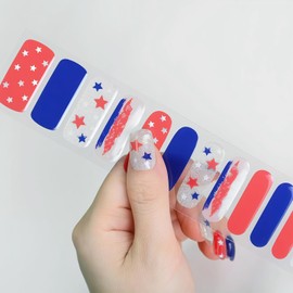 4th of July Semi Cured Gel Nail Strips Independence Day Gel Nail Stickers Self-Adhesive Patriotic Star Full Cover Stickers Nails Wraps for Home Manicure DIY Holiday Decals for Nails Tips