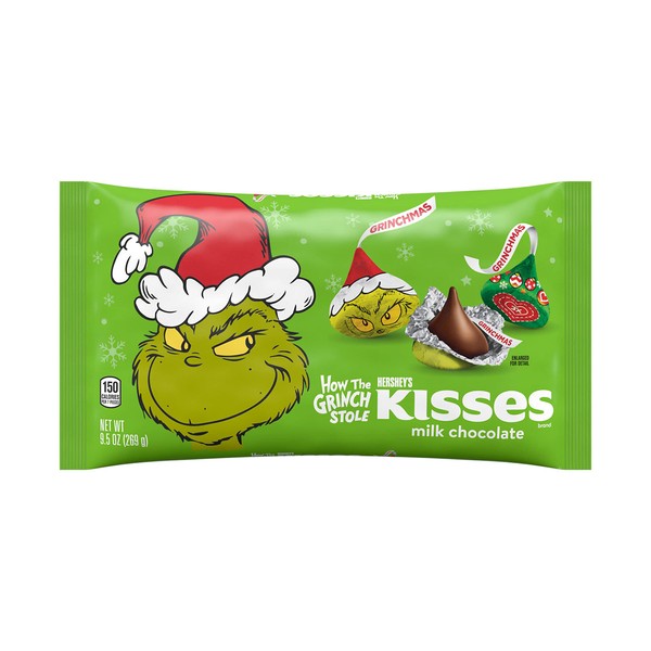 HERSHEy'S KISSES Grinch - Caramelos de chocolate con leche, Navidad, bolsa de 9.5 onzas