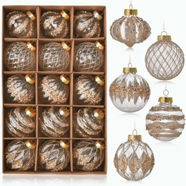 15 Pack Clear and Champagne Glitter Christmas Ball Ornaments(3.15 in/80 mm), Handmade Rustic Farmhouse Christmas Ornaments Set, Champagne Gold Shiny Christmas Tree Ornaments