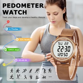 TIMEURE Women's Step Counter Pedometer Watch Crystal Stone, No App, No Charging Needed for Step, Calorie, Distance Tracking, Alarm, Countdown Timer, TU-2401 (Crystal Brown)