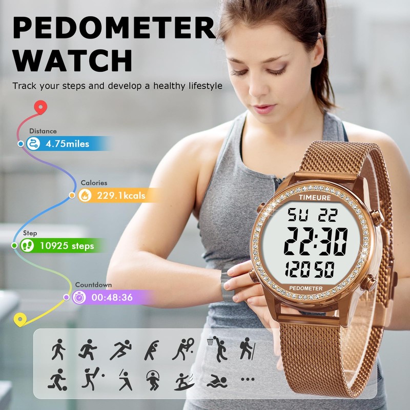 TIMEURE Women's Step Counter Pedometer Watch Crystal Stone, No App,