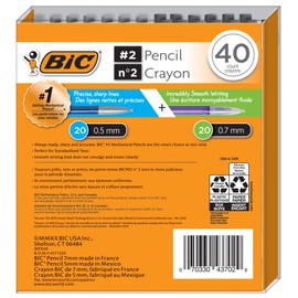 Bic Mechanical Pencil #2 EXTRA SMOOTH, 40 Pack Of Twenty 0.5mm, and Twenty 0.7 mm - Assorted Colored Barrels - Variety Pack of Bic Lead Pencils