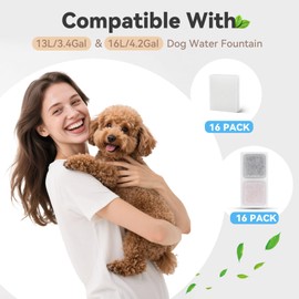 32 Pack Dog Water Filters for 13L/3.4Gal & 16L/4.2Gal Dog Water Fountain, Ion Exchange Resin with Coconut Shell Activated Carbon Filter Refills for ECOCO NUT, 16 Pack Filters &16 Pump Sponges