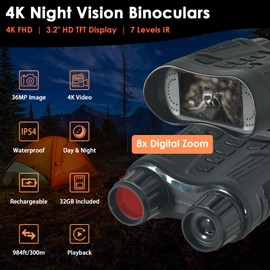 Night Vision Goggles, 4K Night Vision Binoculars for Adults, Kethvoz 8X Digital Zoom Night Vision Scope, 1080P HD Video & 36MP Image, 32GB Card, Viewing Optics for Camping Hunting Wildlife Watching