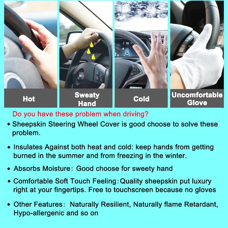 Fluffy Wool Sheepskin Fuzzy Black Car Steering Wheel Cover for