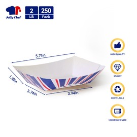 JOLLY CHEF 2lb Paper Food Trays, 250 Pack Paper Food Boats Disposable Serving Boats,Food Holder Trays for Snacks French Fries Nachos Hot Dog Tacos BBQ Party
