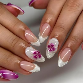 White French Tips Press on Nails Almond Medium Stick on Nails with Purple Flower Charm Design Ombre Purple White False Nails Summer Fake Nails Glossy Floral Glue on Nails for Women Manicure 24Pcs