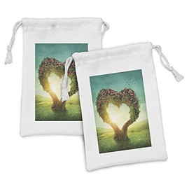 Lunarable Love Fabric Pouch Set of 2, Heart Shaped Tree in the Meadow Grassland Wildflowers Enchanted Theme, Small Drawstring Bag for Toiletries Masks and Favors, 9" x 6", Teal Green Pink