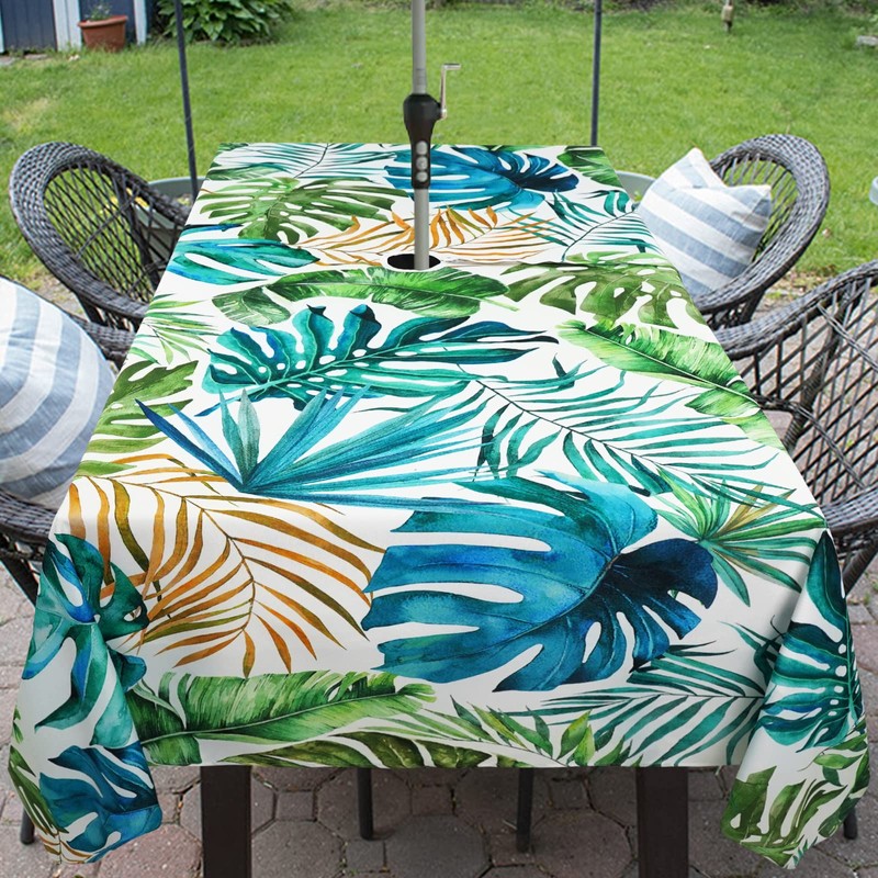 bnhjsdw Tropical Leaves Outdoor Tablecloth with Umbrella Hole for Rectangle
