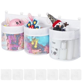 HOTUT Baby Bath Toy Organizer, 60cm Mesh Baby Bath Toy Storage with 3 Compartment Large Openings, Quick Drying Bathtub Toy Basket, Bathtub Toy Storage Bag with 7 Strong Suction Hooks