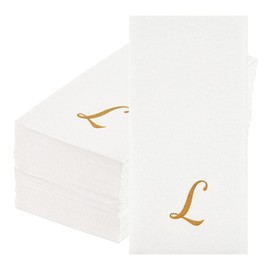 Luxenap 15.8 X 7.9 Inch Linen-Feel Guest Towels, 50 Lettered Hand Towels - Gold Letter 'L', Cursive Font, White Paper Dinner Napkins, airlaid, For Restrooms And Tables - Restaurantware
