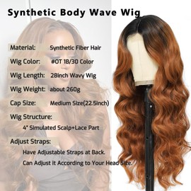 iluadme Ombre Brown Wig For Women 28 Inch Long Wavy Synthetic Lace Front Wig 1b/30 Middle Part Ombre Wavy Wig High Temperature Wig