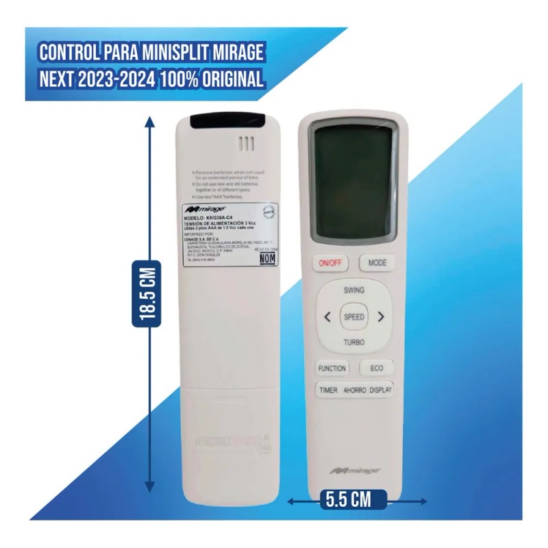 Control Para Minisplit Mirage Nex 2023/2024 100% Original Blanco