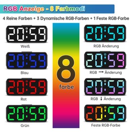 Eachui Alarm Clock Digital RGB Coloured Alarm Clock for Children Without Ticking Small Clock Adjustable Volume and Brightness Snooze Function 12/24 Hours Mains Operated