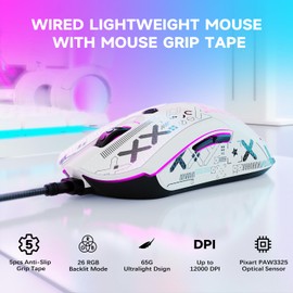 [Upgrade Kit] Lightweight Gaming Mouse with Mouse Grip Tape, PixArt PAW3325 12000DPI High Performance Super Light 65G USB RGB Programmable Gaming Mice, Anti-Slip Grip Tape for Sweat Resistant- White