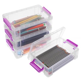 BTSKY 4 Pieces Stackable Transparent Pen Box Office Supplies Storage Box Multifunctional Storage Boxes 19.5 x 12 x 6 cm Intermediate Size (Purple Buckle)