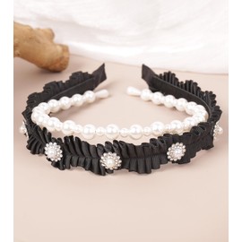 YARN & INK Women's 2 Pcs Black Fabric Pearls Headbands for Women Girls Vintage Hair Accessories Non Slip Jeweled Light Weight Comfortable Headband (Pleats+Pearls)