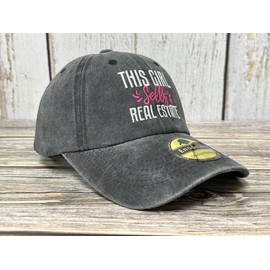 Enodtter This Girl Sells Real Estate Hat, Realtor Gifts Embroidered Baseball Cap for Women, Washed Black Adjustable Distressed Cotton Snapback Hat