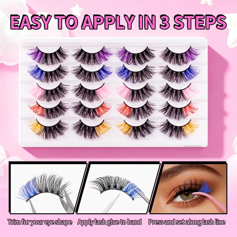 10 Pairs of Coloured Eyelashes, 3D Colourful Artificial Eyelashes (Colour