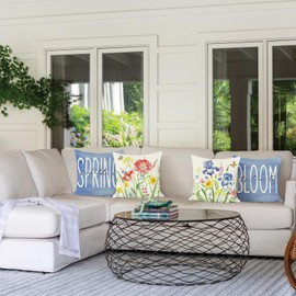 Bonhause Set of 4 Cushion Covers Spring Flowers 45 x 45 cm Flower Purple Polyester Linen Decorative Cushion Covers for Sofa Bedroom Home Garden Decoration