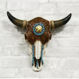 Ebros Gift Western Star Tooled Leather Steer Bison Buffalo Bull Cow Horned Skull Wall Decor