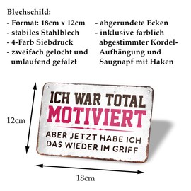 Ich war totally motiviert Aber jetzt Habe ich das Wieder im Griff – Funny Metal Sign with Cord and Suction Cup – Hanging Sign with Funny Saying – Decoration for Home, Workshop, Work, Office – 18 x 12