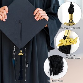 2024 Graduation Tassel, 3Pcs Soft Tassels for Graduation Cap with Charm Graduation Hat Decorations Party Ceremonies Gifts (Black)