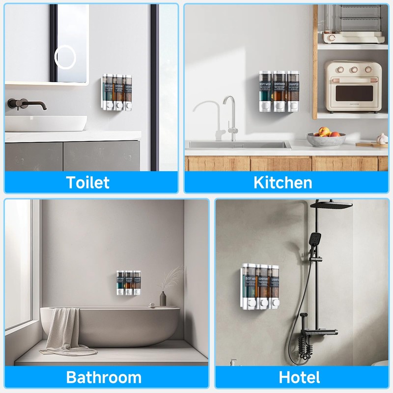Shampoo and Conditioner Dispenser,GlintGath Shower Dispenser 3 Chamber No Drill