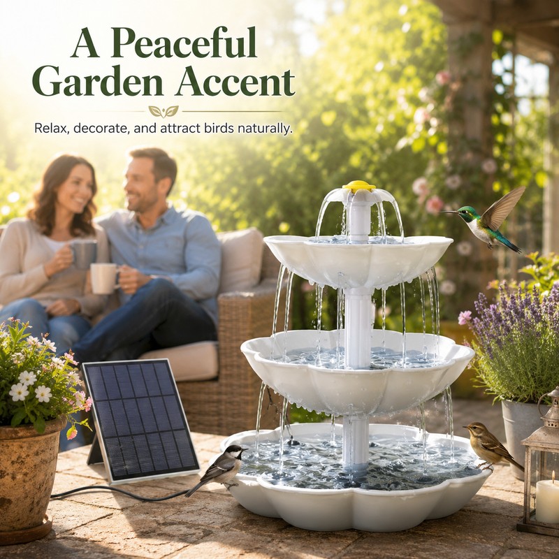 Solar Bird Bath Fountain for Outdoor Décor – 3-Tier Plastic