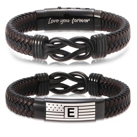 Mens Bracelet with Engraved Flag & “Love You Forever” Message – Adjustable Leather Bracelet with Initial Clasp, Gift Boxed – Stylish Pulseras Para Hombres, Initial Bracelet for Boyfriend, Son, Husband