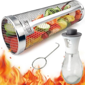 PrinChef [Upgraded] Grilling Basket (Size XL), Dishwasher Safe Round Grill Basket for Veggies, Stainless Steel Rolling Grilling Baskets for Outdoor Grilling, Durable, Easy to Store, Gifts for Men/Dad